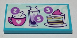 Lego Tile 2 x 4 with Menu with Number 2 and 3 and Mug, Milkshake and Cake Pattern (Sticker) - Set 41336 / Medium Azure