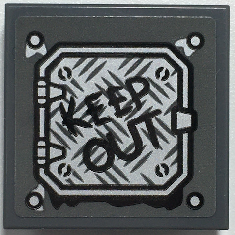 Lego Tile, Modified 2 x 2 Inverted with Black 'KEEP OUT' on Silver Tread Plate Panel Pattern (Sticker) - Set 70435