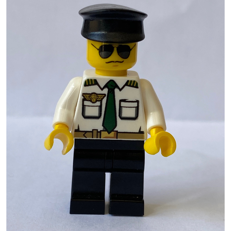 Lego Pilot, White Shirt with Dark Green Tie and Wing Badge, Black Legs, Black Hat, Sunglasses