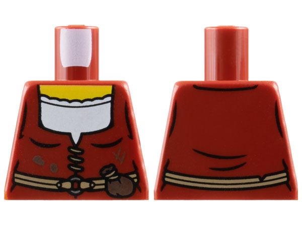 Lego Torso Female Dress with Dark Brown Dirt Stains over White Shirt with Scalloped Collar, Dark Tan Belt with Pouch, Yellow Neck Pattern / Dark Red