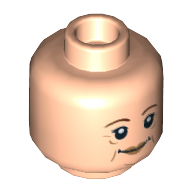 Lego Minifig Head, Reddish Brown Eyebrows, Medium Nougat Lips, Age Lines, Grin / Smile with Raised Eyebrow Print / Light Nougat