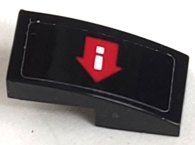 Lego Slope, Curved 2 x 1 x 2/3 with White Exclamation Mark on Red Arrow Pattern Model Left Side (Sticker) - Set 70916