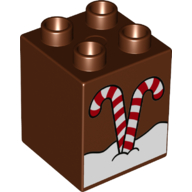 Lego Duplo Brick 2 x 2 x 2 with Snow and Two Candy Canes Print / Reddish Brown