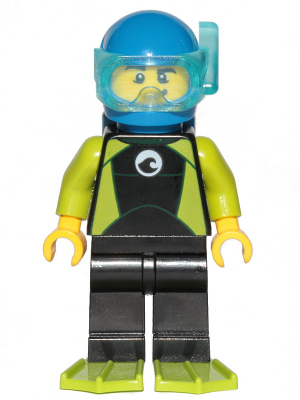 Lego Diver - Male, Black Wetsuit with White Logo and Lime Trim and Flippers, Blue Helmet and Air Tanks