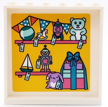 Lego Panel 1 x 6 x 5 with Shelves, Bunting, Toys, Price Tags and Presents with Bow on Yellow Background Pattern (Sticker) - Set 41450 / White