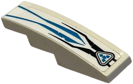 Lego Slope, Curved 4 x 1 with Black and Dark Azure Stripes and Triangle Logo Pattern (Sticker) - Set 70639 / White
