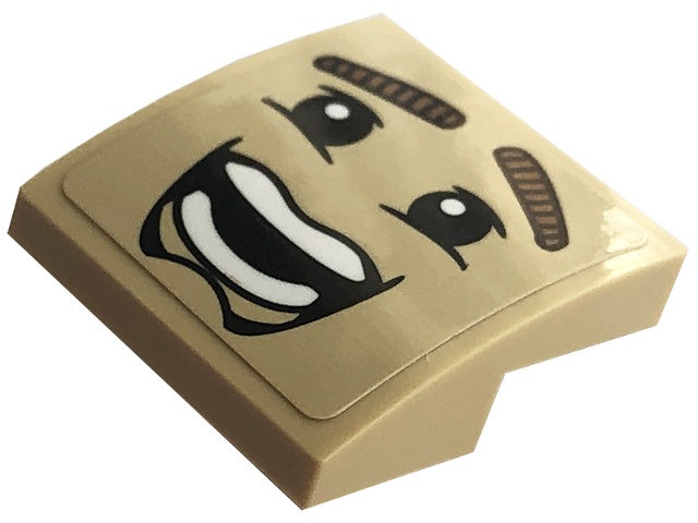 Lego Slope, Curved 2 x 2 x 2/3 with Black Eyes, Open Mouth with White Teeth and Medium Nougat Eyebrows Pattern (Sticker) - Set 76422