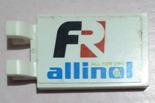 Lego Tile, Modified 2 x 3 with 2 U Clips with 'FR ALL FOR ONE allinol' Pattern Model Left Side (Sticker) - Set 8678