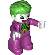 Lego Duplo Figure with Thick Hair Combed Forward, Magenta Legs and Arms, White Hands, with White Clown Face and Green Bow on Chest Print (Joker) / Magenta