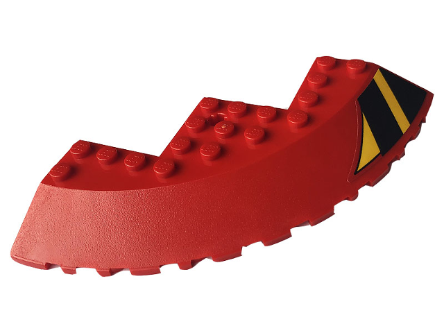 Lego Brick, Round Corner 10 x 10 with Slope 33 Edge, Axle Hole, Facet Cutout with Black and Yellow Stripes Pattern Model Right Side (Sticker) - Set 76084 / Red