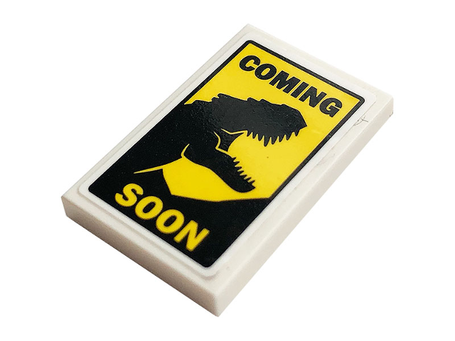 Lego Tile 2 x 3 with Black 'COMING' and Dinosaur, Yellow 'SOON' Pattern (Sticker) - Set 75934 / White