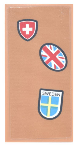 Lego Tile 2 x 4 with Swedish and Swiss Emblem, United Kingdom Flag (Union Jack) Oval, and Black 'SWEDEN' Pattern (Sticker) - Set 77942 / Medium Nougat