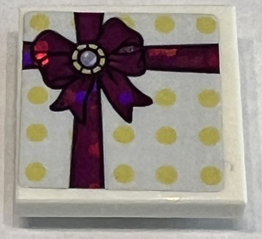 Lego Tile, Modified 2 x 2 Inverted with Bright Light Yellow Spots and Holographic Magenta Ribbon with Bow Pattern (Sticker) - Set 41162