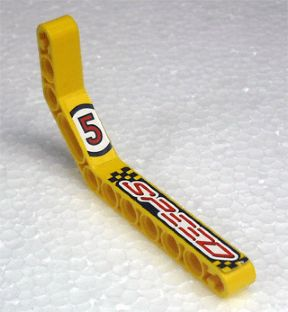 Lego Technic, Liftarm, Modified Bent Thick 1 x 11.5 Double with Number 5 and 'SPEED' Pattern Model Left Side (Stickers) - Set 8238 / Yellow