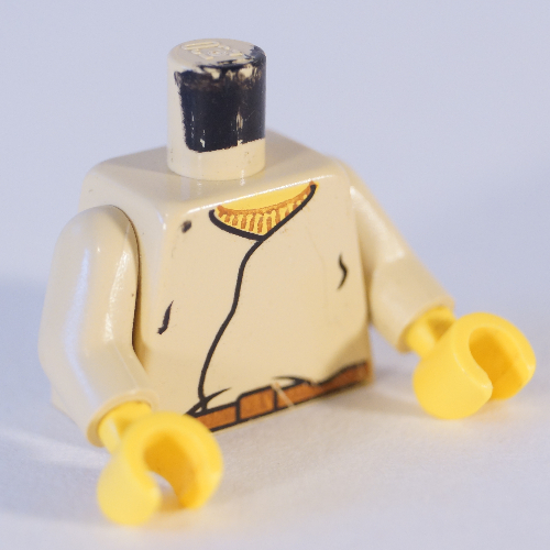 Lego Torso Closed Layered Shirt, Brown Belt, Yellow Neck Print, Tan Arms, Yellow Hands / Tan