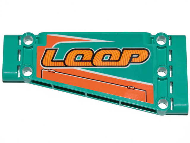 Lego Technic, Panel Plate 5 x 11 x 1 Tapered with Orange Stripes and 'LOOP' Pattern Model Left Side (Sticker) - Set 42117 / Dark Turquoise