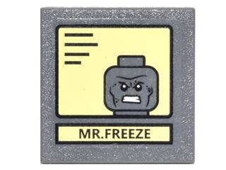 Lego Road Sign 2 x 2 Square with Clip with Black Lines, 'MR. FREEZE', and Portrait on Bright Light Yellow Background Pattern (Sticker) - Set 10937 / Dark Bluish Gray