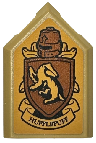 Lego Tile, Modified 2 x 3 Pentagonal with Reddish Brown and Dark Orange Hufflepuff Shield, Helmet, Banner and Badger Pattern (Sticker) - Set 76412 / Dark Tan
