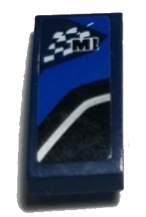 Lego Slope, Curved 2 x 1 x 2/3 with Letter M on Checkered Flag and Black, Blue and White Stripes Pattern Model Left Side (Sticker) - Set 75885