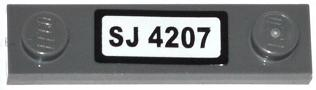 Lego Plate, Modified 1 x 4 with 2 Studs without Groove with 'SJ 4207' Pattern (Sticker) - Set 4207 / Dark Bluish Gray