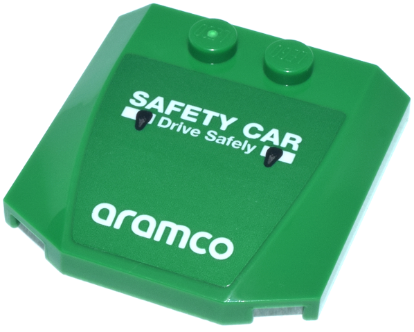 Lego Wedge 4 x 4 x 2/3 Triple Curved with Air Vents, White 'SAFETY CAR', 'Drive Safely' and 'aramco' Logo Pattern (Sticker) - Set 76925 / Green
