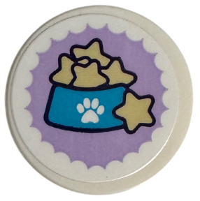 Lego Tile, Round 2 x 2 with Bottom Stud Holder with Medium Azure Pet Bowl and Tan Stars on Medium Lavender Scalloped Circle Pattern (Sticker) - Set 41718