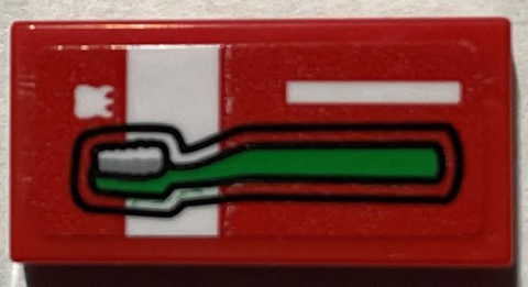 Lego Tile 1 x 2 with Green Toothbrush, White Tooth and Stripes Pattern (Sticker) - Set 21330 / Red