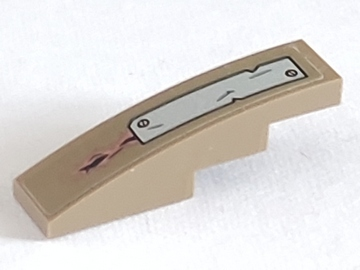 Lego Slope, Curved 4 x 1 with Silver Plate and 2 Rivets Pattern (Sticker) - Set 76054 / Dark Tan