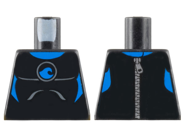 Lego Torso Wetsuit with Blue Collar, Panels, and Wave Logo, Silver Zipper on Back Pattern / Black