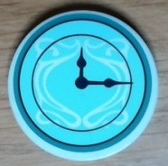 Lego Tile, Round 3 x 3 with Clock, Dark Blue Hands, White Filigree on Light Aqua Face and Dark Turquoise Border Pattern (Sticker) - Set 41711