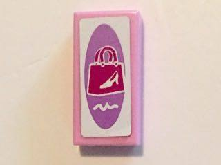 Lego Tile 1 x 2 with Magenta Shopping Bag with White Shoe on Medium Lavender and White Background Pattern (Sticker) - Set 41058