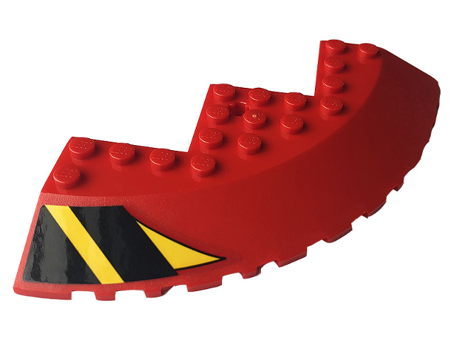 Lego Brick, Round Corner 10 x 10 with Slope 33 Edge, Axle Hole, Facet Cutout with Black and Yellow Stripes Pattern Model Left Side (Sticker) - Set 76084