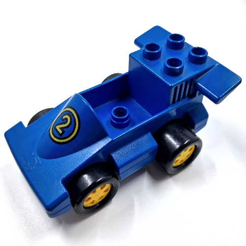 Lego Duplo Car Formula One with One Stud in Cab, Blue Bottom and Yellow Number 2 Print