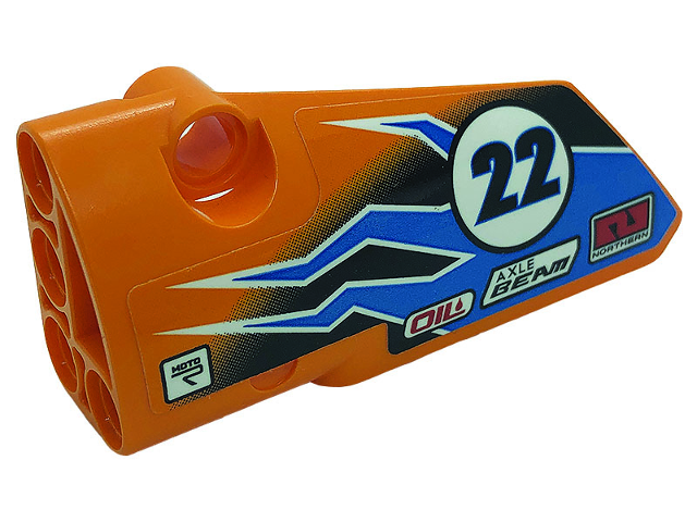 Lego Technic, Panel Fairing # 3 Small Smooth Long, Side A with Number '22', Dark Azure Lightning, Logos 'OIL', 'AXLE BEAM', 'MOTO' and 'NORTHERN' Pattern (Sticker) - Set 42104 / Orange
