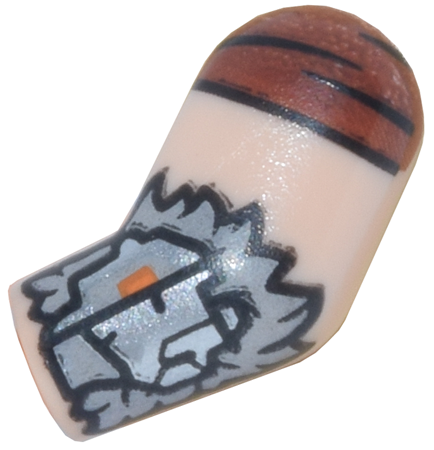 Lego Arm, Left with Reddish Brown Sleeve, Silver Armor Plates and Light Bluish Gray Long Fur Trim Pattern / Light Nougat
