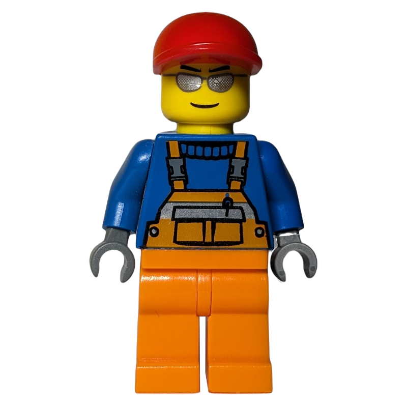 Lego Construction Worker, Orange Overalls over Blue Sweater, Red Cap, Silver Sunglasses