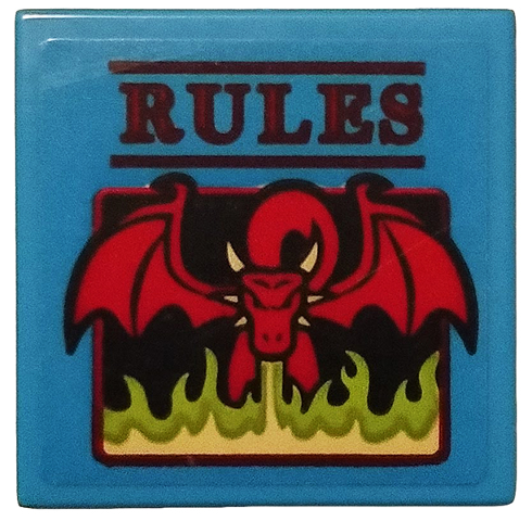 Lego Tile 2 x 2 with Red 'RULES' and Dragon Blowing Lime Flames on Dark Azure Background Pattern (Sticker) - Set 75810