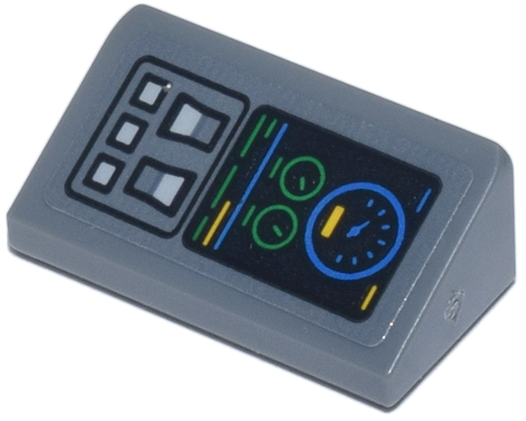 Lego Slope 30 1 x 2 x 2/3 with Control Panel with Buttons, Switches, and Blue and Green Gauges and Stripes Pattern Model Left Side (Sticker) - Set 76269 / Dark Bluish Gray