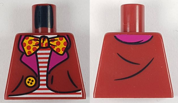 Lego Torso Jacket with Dark Pink Lapels and Bright Light Orange Button over Shirt with Red and White Stripes, Bow Tie with Polka Dots Pattern (BAM) / Dark Red