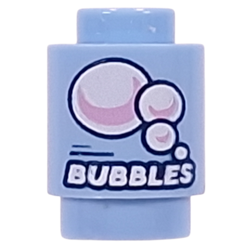 Lego Brick Round 1 x 1 with White/Pink Bubbels, 'BUBBLES' print / Bright Light Blue