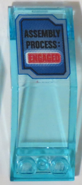 Lego Windscreen 5 x 2 x 1 2/3 with Blue Screen with 'ASSEMBLY PROCESS: ENGAGED' Pattern (Sticker) - Set 70596 / Trans-Light Blue