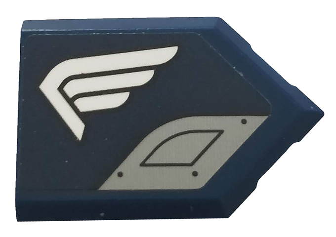 Lego Tile, Modified 2 x 3 Pentagonal with White Wing and Light Bluish Gray Plate Pattern Model Left Side (Sticker) - Set 76123 / Dark Blue