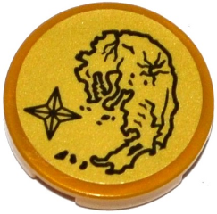 Lego Tile, Round 2 x 2 with Bottom Stud Holder with Island Map and Compass Pattern (Sticker) - Set 70604 / Pearl Gold