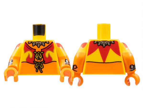 Lego Torso Yellow Vest, Red Fire, Silver Spiked Collar Pattern / Orange Arms with Yellow Short Sleeves, Red Flame, Silver Spike Cuff Pattern / Orange Hands