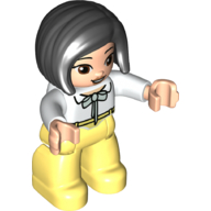 Lego Duplo Figure with Straight Hair with Left Parting Black, Bright Light Yellow Legs, Bow Print