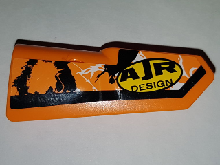 Lego Technic, Panel Fairing #21 Very Small Smooth, Side B with 'AJR DESIGN' and Black, Orange and White Splatter Pattern (Sticker) - Set 42007 / Orange