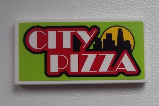 Lego Tile 2 x 4 with 'CITY PIZZA' and Skyline Pattern (Sticker) - Set 60026 / White