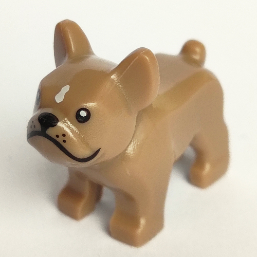 Lego Animal, Dog, French Bulldog, Grumpy Face with Black Nose and Mouth, White Spot on Forehead Print / Dark Tan
