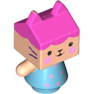 Lego Figure, Kitten with Light Nougat Square Head, Dark Pink Hair/Roof Print / Medium Azure