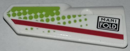 Lego Technic, Panel Fairing #22 Very Small Smooth, Side A with Red Stripe, Lime Dots and 'MANI FOLD' Pattern (Sticker) - Set 42065 / White